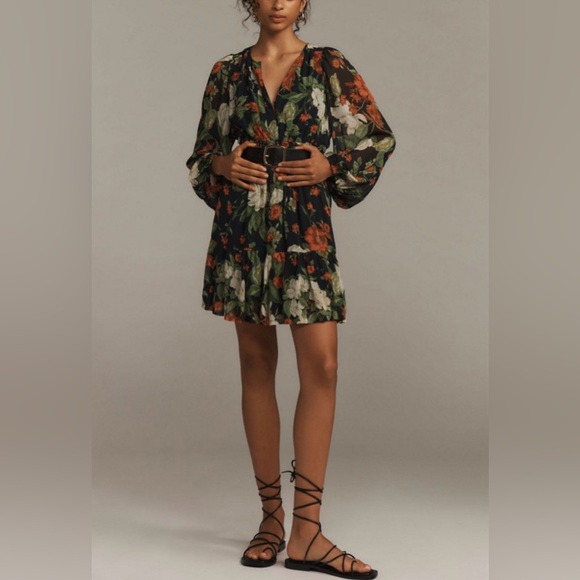 Anthropologie Dresses & Skirts - Anthropologie Black and Green Floral Long Sleeve Dress